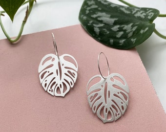 Silver Monstera Leaf Hoop Earrings - Plant Hoop Earrings - Cheese Plant Hoops - Botanical Silver Earrings - Silver Leaf Jewellery