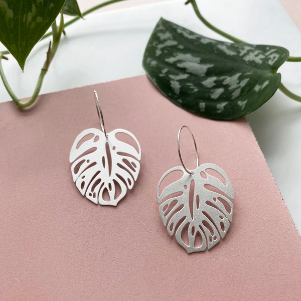 Silver Monstera Leaf Hoop Earrings – Plant Lover Jewelry