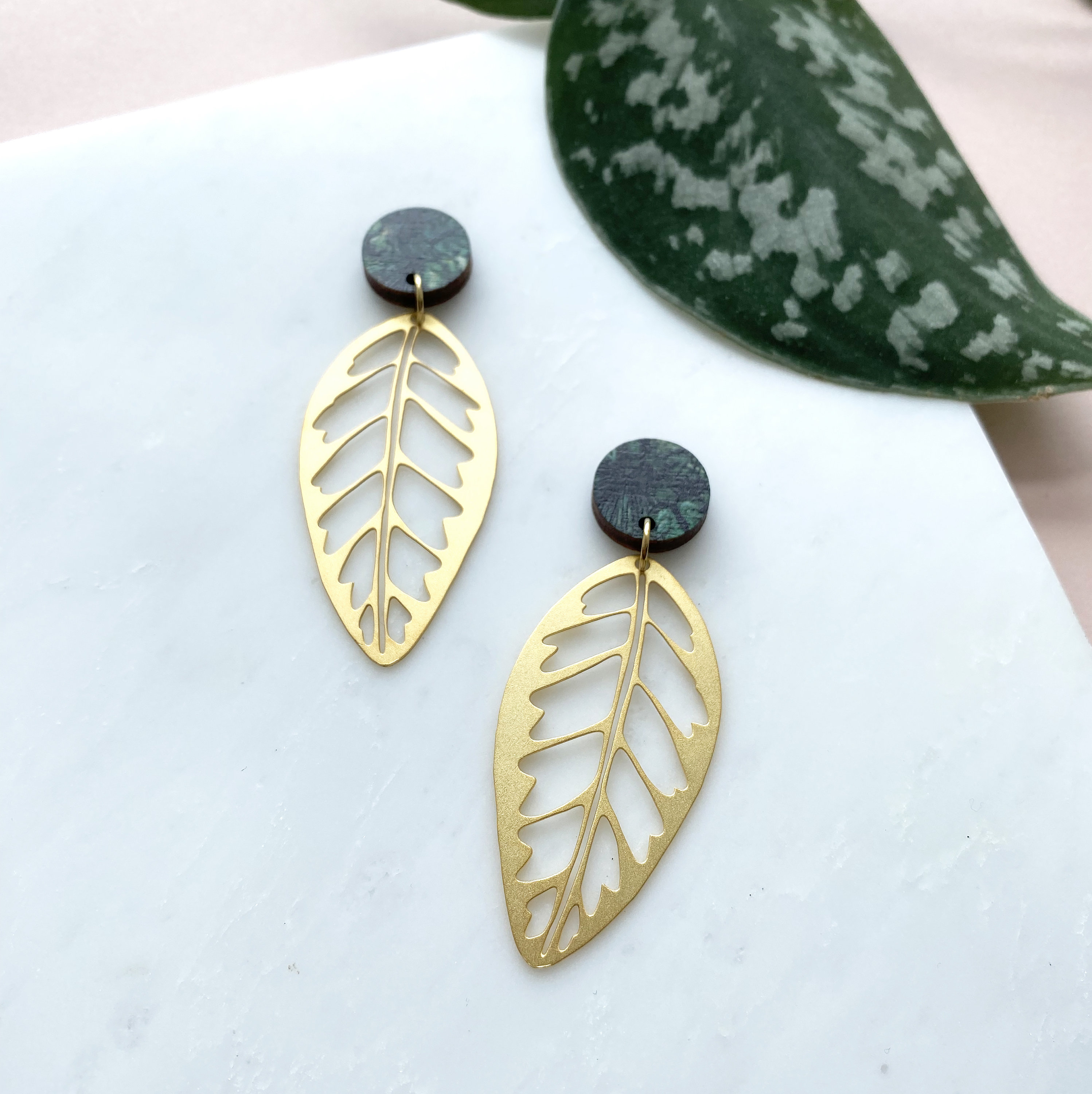 Tropical Gold Leaf Statement Drop Earrings - House Plant Jewellery Gift For Lover Calathea Zebrina