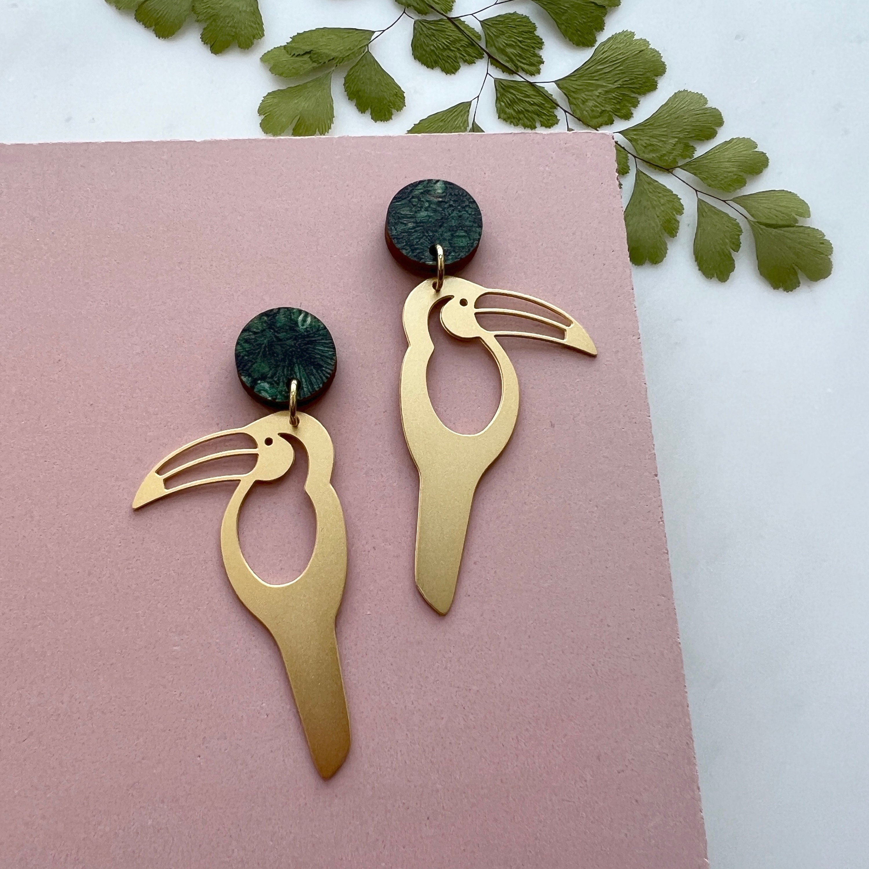 Toucan Earrings - Statement Bird Dangle Jewellery Gold Studs Tropical