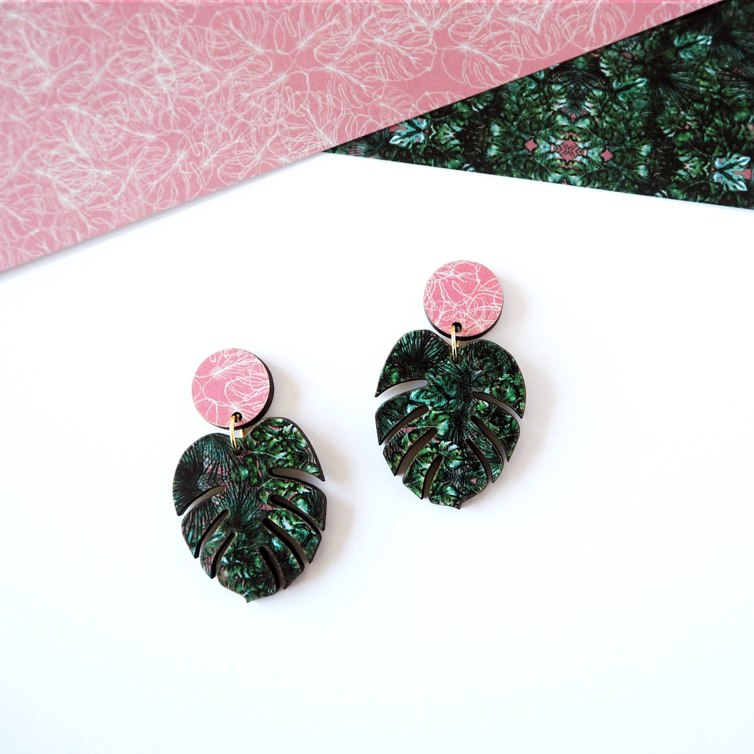 Monstera Drop Earrings - Tropical Botanical Leaf Cheese Plant Statement Gift
