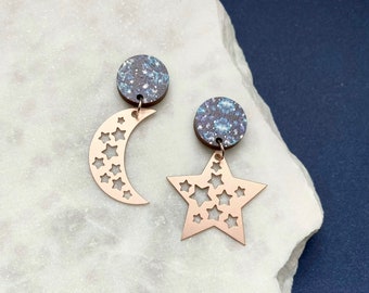 Rose Gold Moon & Star Earrings - Celestial Statement Drop Earrings - Moon Earrings - Star Earrings - Festive Party Earrings - Mix and Match