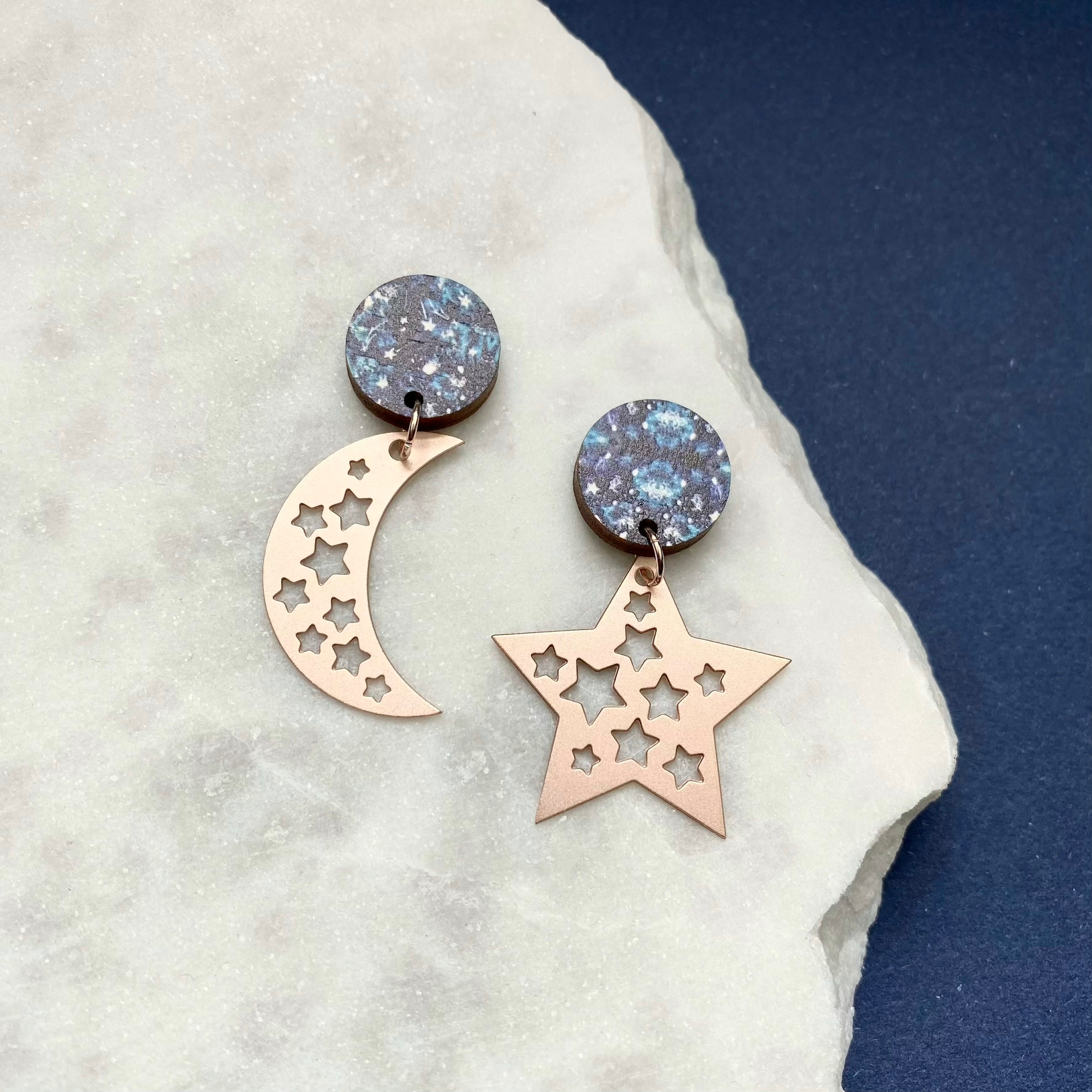 Rose Gold Moon & Star Earrings - Celestial Statement Drop Festive Party Mix & Match