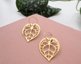Statement Anthurium Hoop Earrings - Gold Leaf Hoop Earrings - Plant Hoop Earrings - Statement Gold Hoop Earrings - Gift For Her