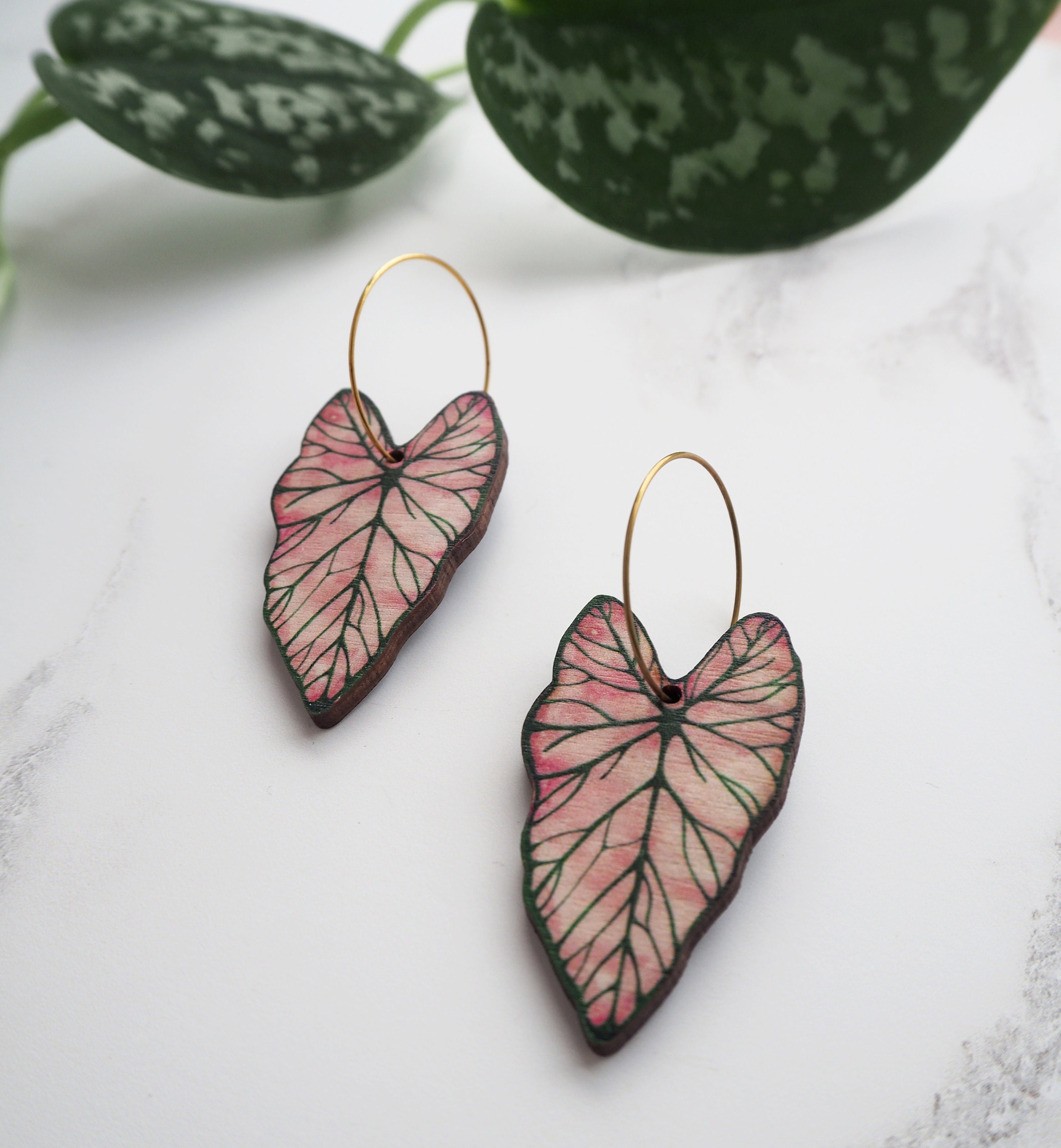 Pink Plant Earrings - Tropical Leaf Hoop Caladium Botanical Gifts For Her Mothers Day Gift