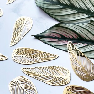 May include: A collection of gold leaf-shaped metal cutouts with intricate designs. The cutouts are arranged on a white surface with a green and white leaf in the background.