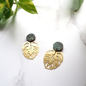 Monstera Statement Gold Drop Earrings - House Plant Earrings - Gift For Plant Lover - Leaf Drop Studs - Cheese Plant Jewellery