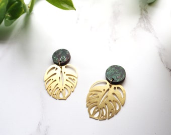 Monstera Plant Gold Drop Earrings – Laser Cut Leaf Studs