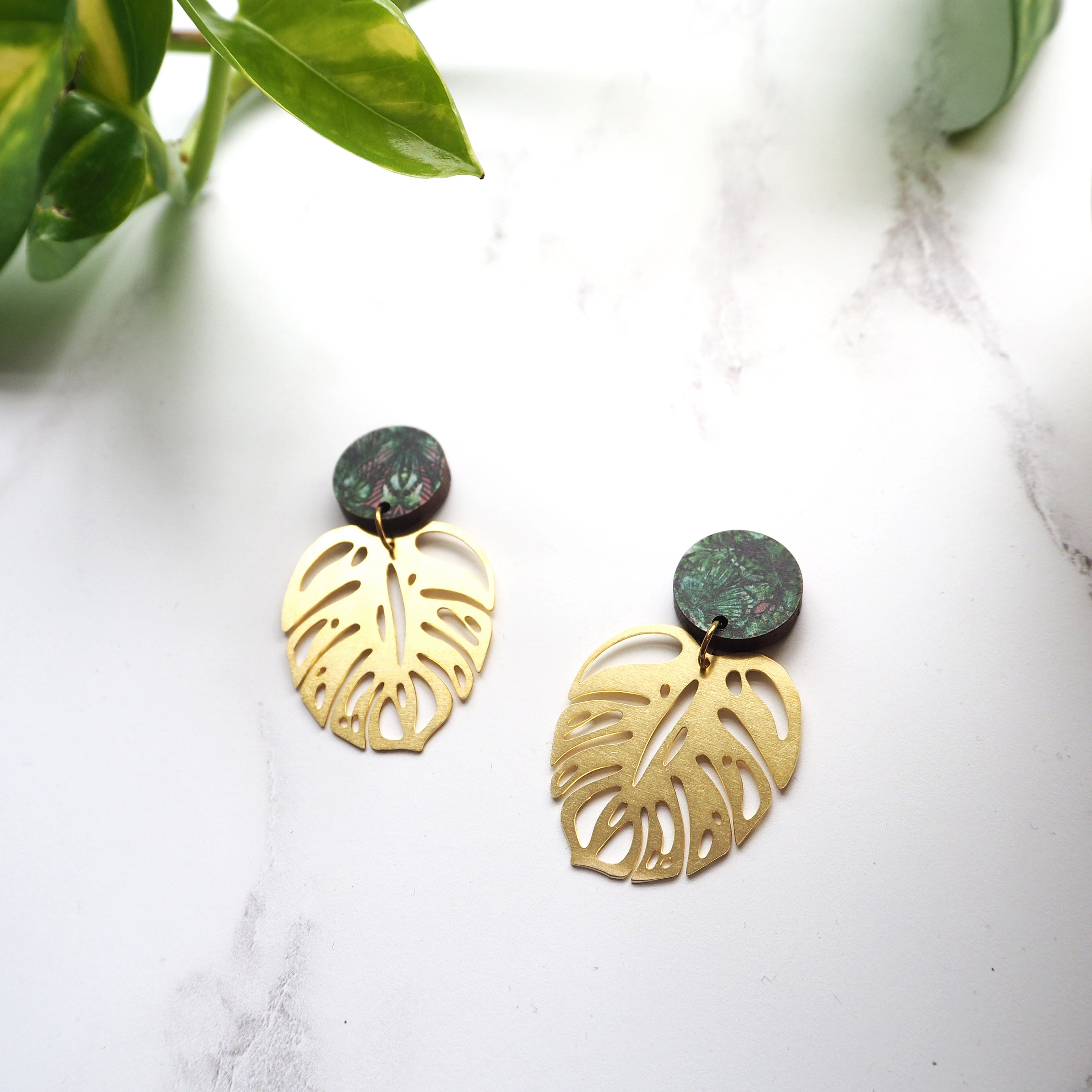 Monstera Statement Gold Drop Earrings - House Plant Gift For Lover Leaf Studs Cheese Jewellery