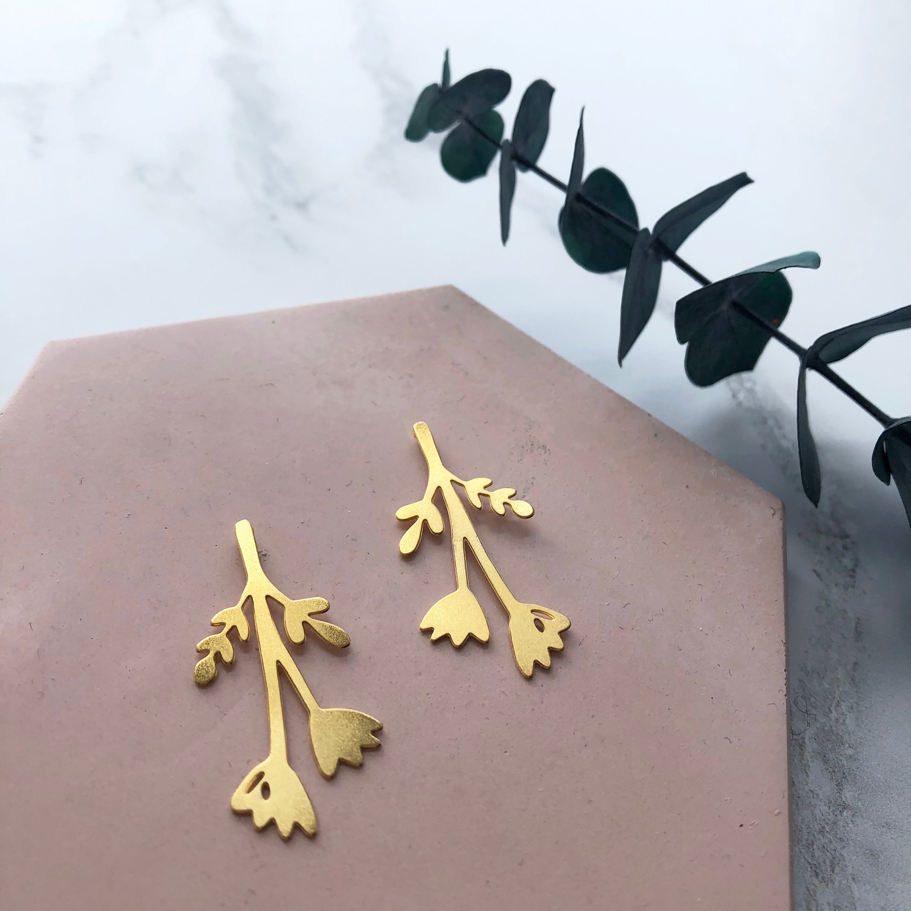 Gold Flower Stud Earrings - Bloom Studs Dainty Floral Minimal Botanical Leaf