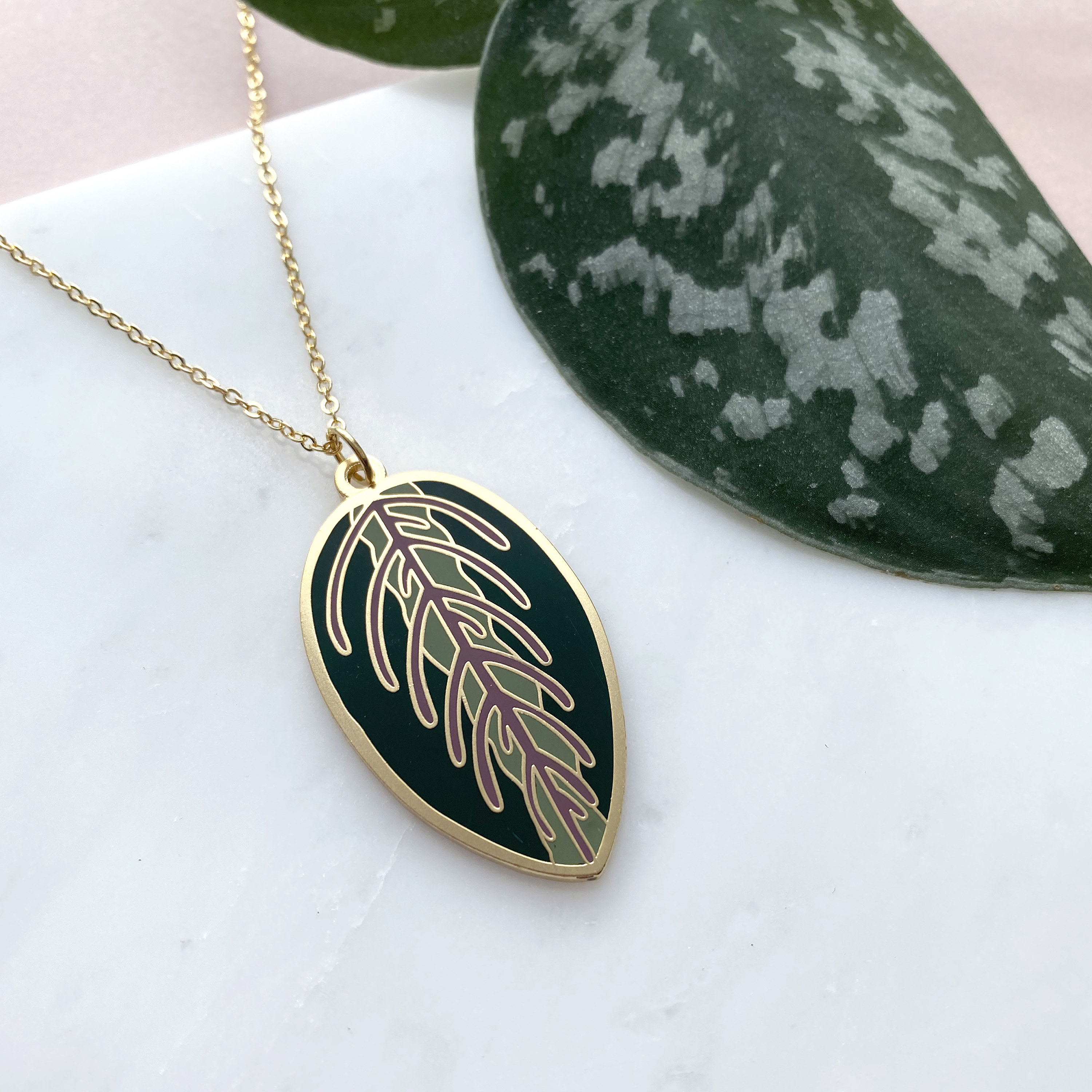 Maranta Leaf Necklace - Enamel Gold Pendant Plant Jewellery Gift For Her
