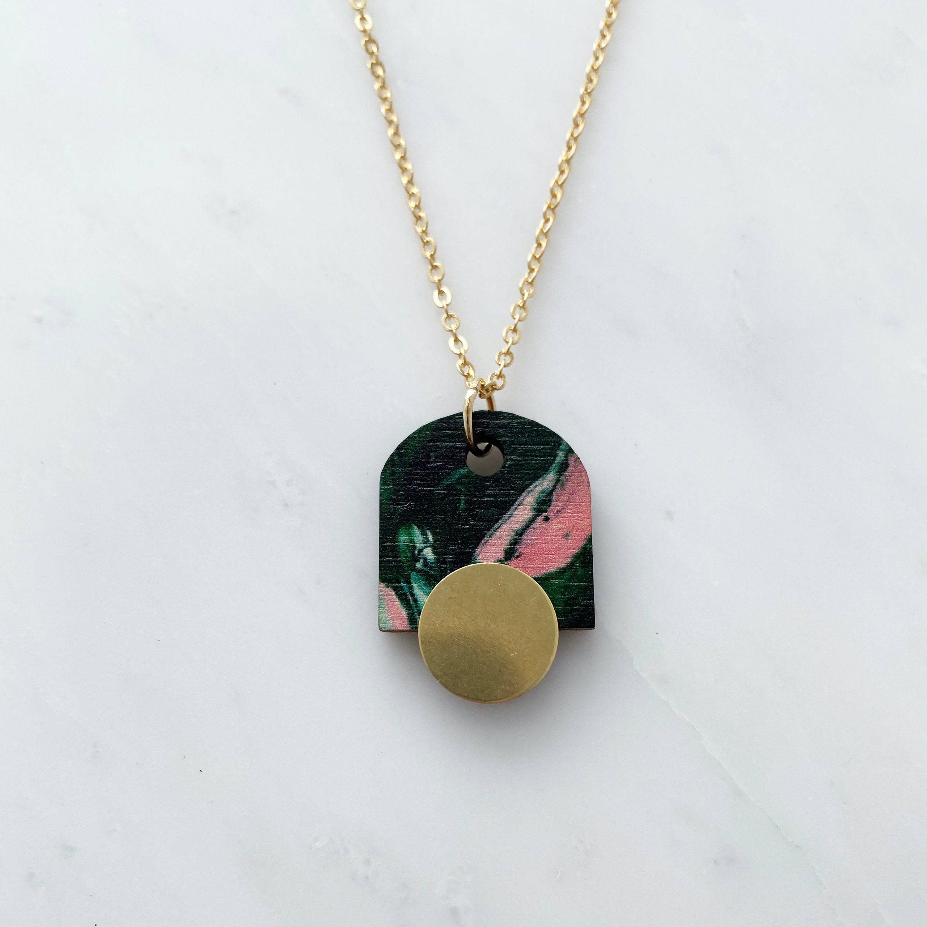 Geometric Arch Pendant - Minimal Necklace Jewellery Gift For Her Arc Green & Pink Marble