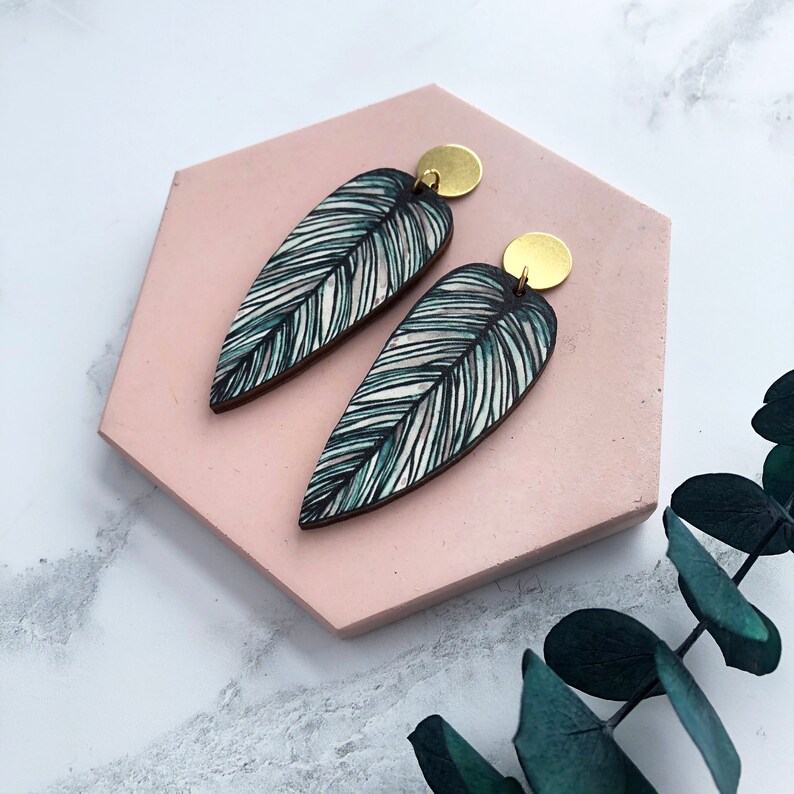 Tropical Statement Leaf Earrings Calathea Whitesar image 3