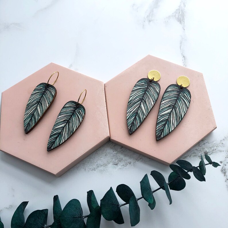 Tropical Statement Leaf Earrings Calathea Whitesar image 7