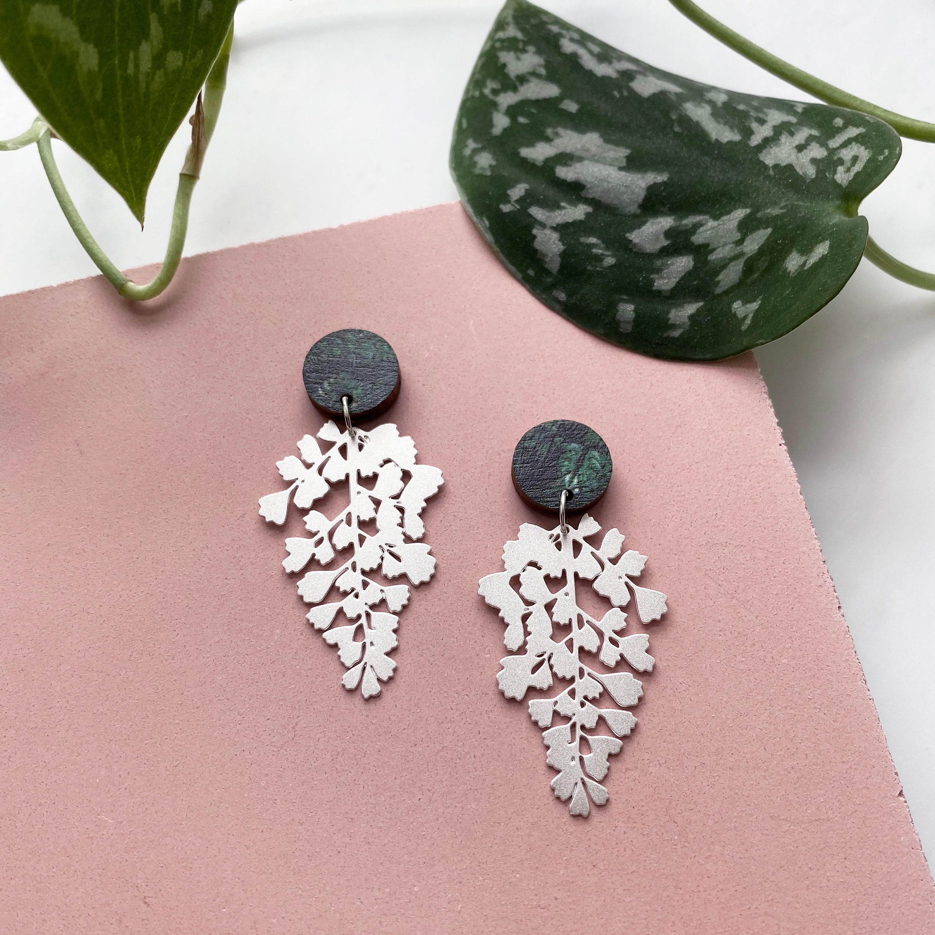 Silver Maidenhair Fern Drop Earrings - Leaf Stud Jewellery Dangle