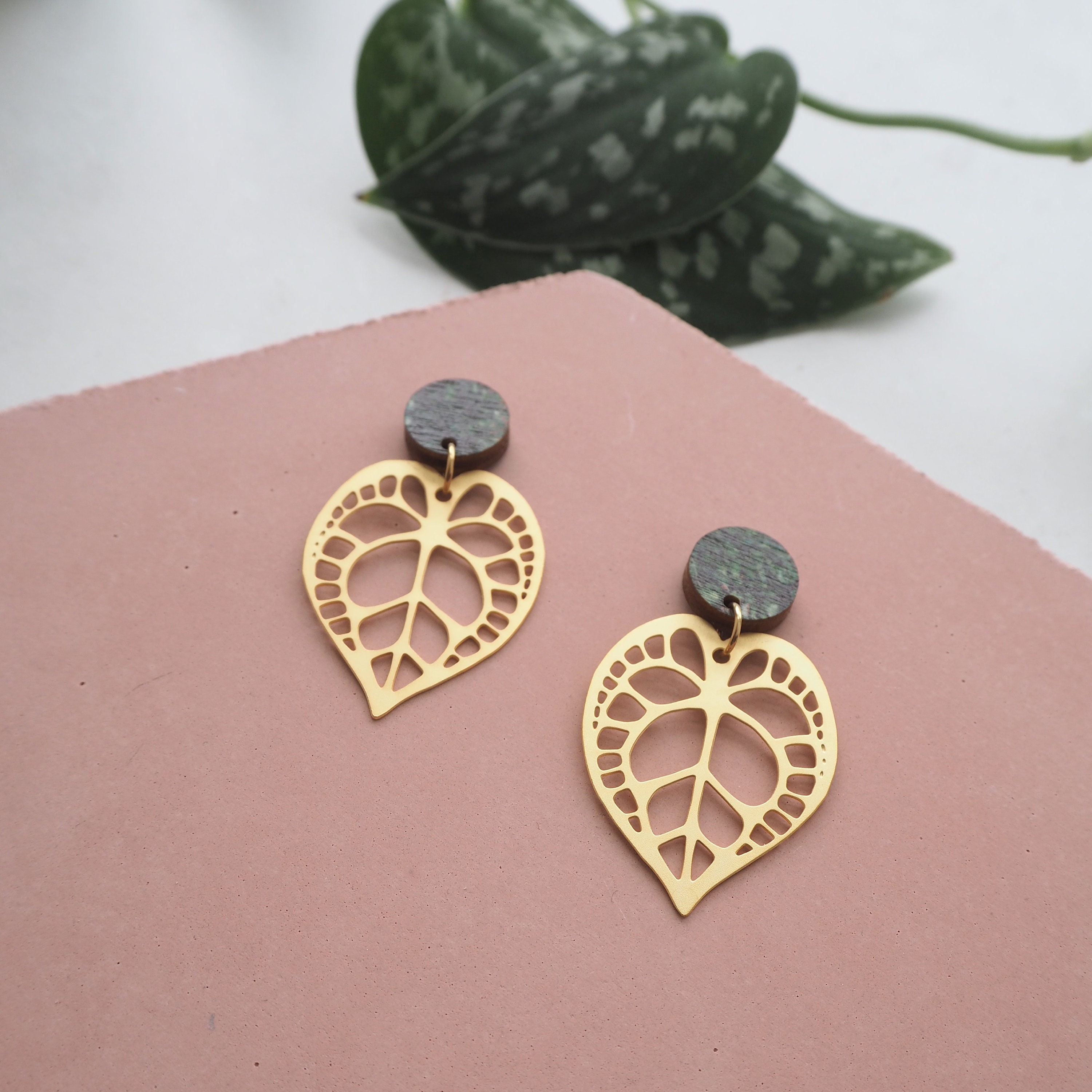 Statement Anthurium Drop Earrings - Gold Leaf Stud Plant Gift For Her
