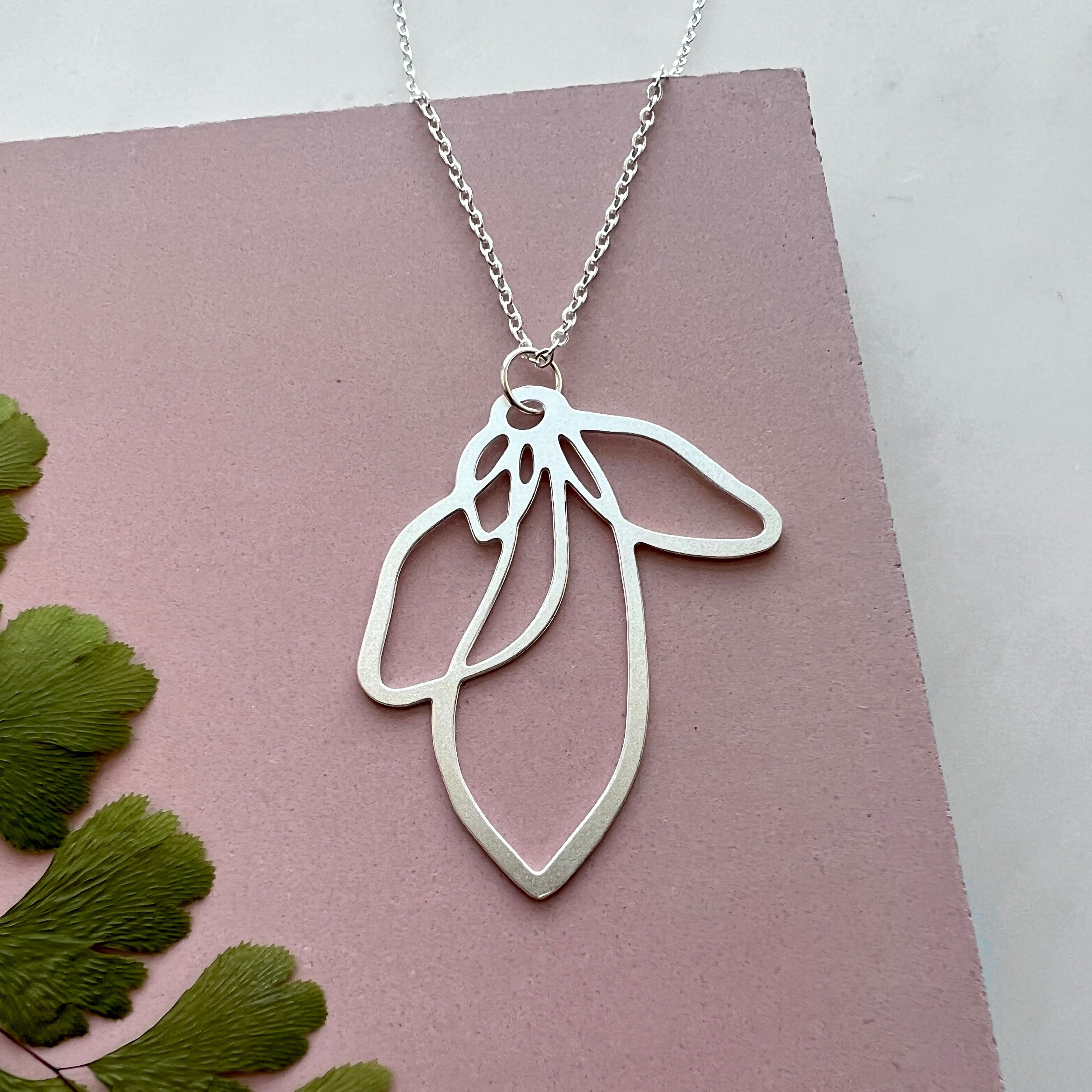 Silver Petal Necklace - Simple Flower Pendant Modern Jewellery Botanical
