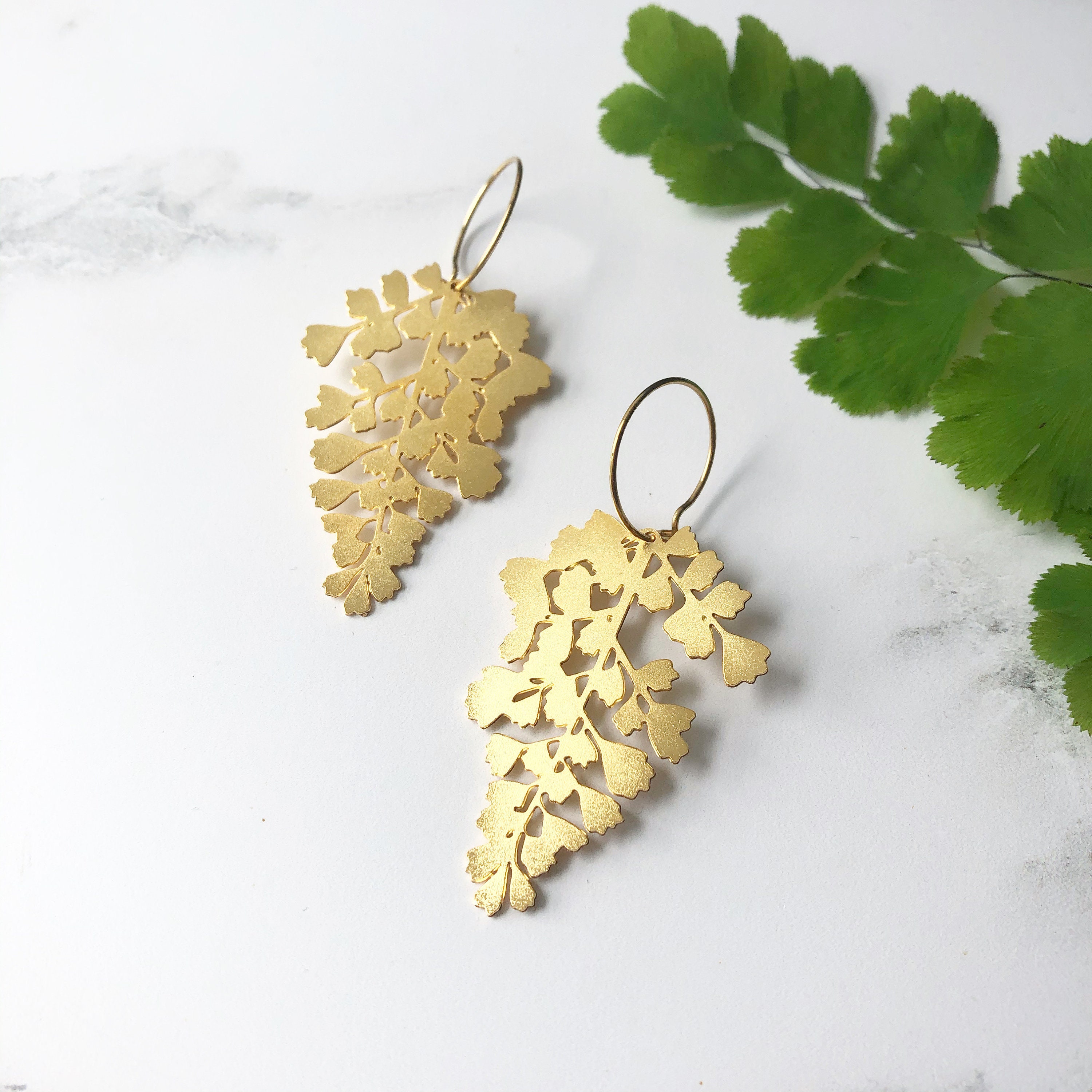 Maidenhair Fern Hoop Earrings - Gold Leaf Jewellery Plant Gift