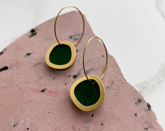 Green & Gold Circle Hoop Earrings - Round Hoops - Geometric Gold Hoop Earrings - Gold Circle Earrings - Minimal Hoops - Geometric Earrings