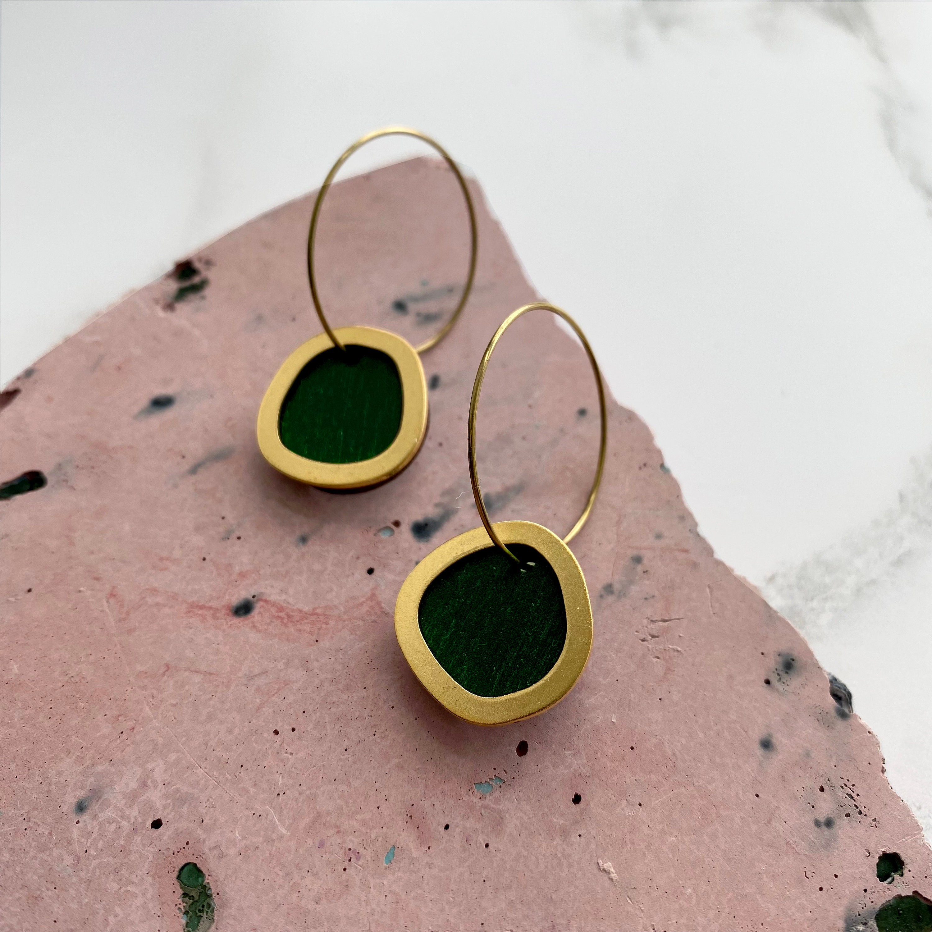 Green & Gold Circle Hoop Earrings - Round Hoops Geometric Minimal