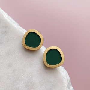 Green & Gold Geometric Circle Stud Earrings - Geometric Earrings - Minimal Earrings