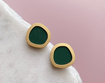 Green & Gold Geometric Circle Stud Earrings - Geometric Earrings - Minimal Earrings