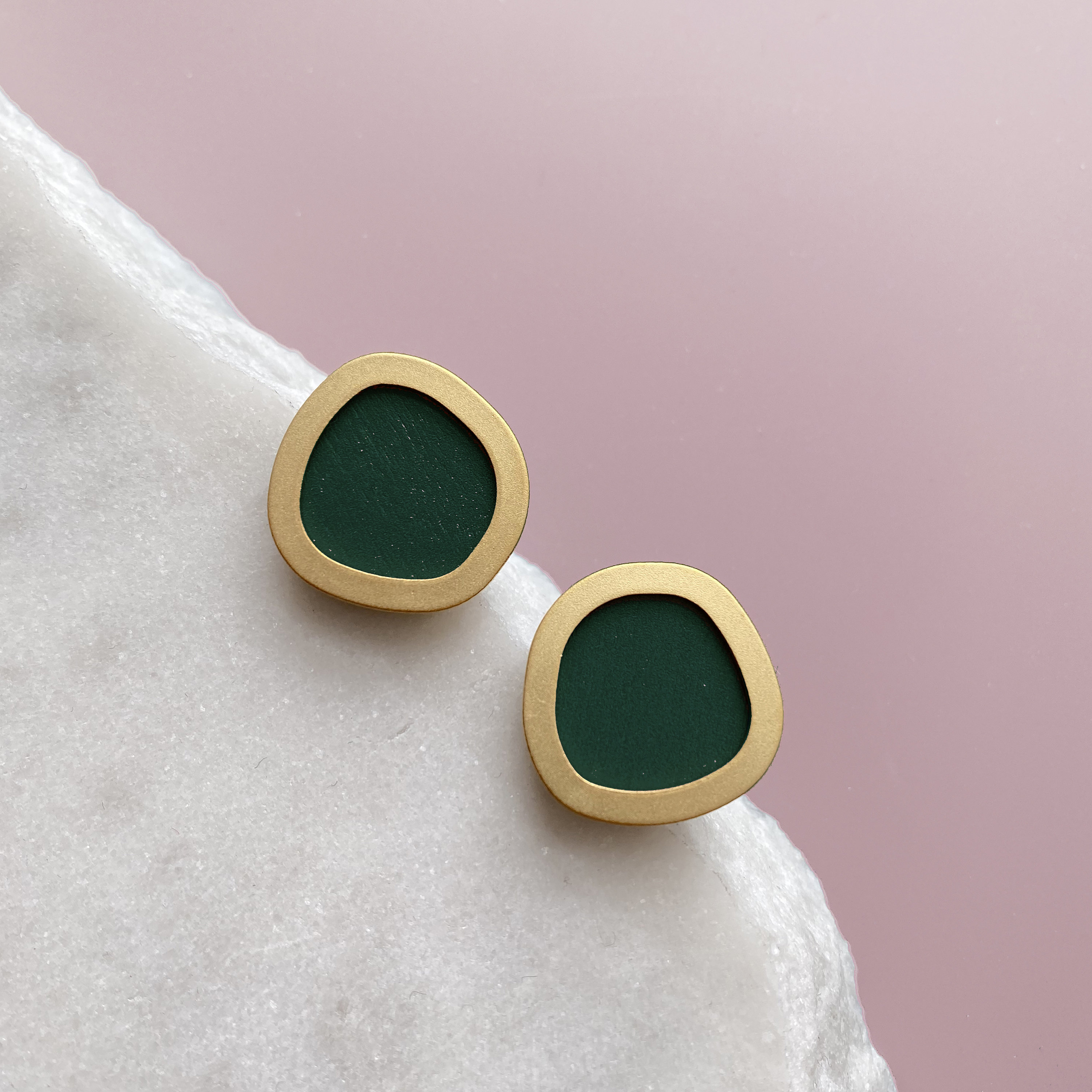 Green & Gold Geometric Circle Stud Earrings - Minimal