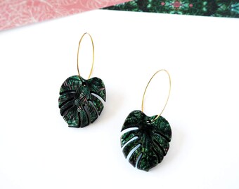 Green Monstera Hoop Earrings - Tropical Leaf Jewellery - Cheese Plant Earrings - Tropical Hoop Earrings  - Plant Earrings - Gift For Her