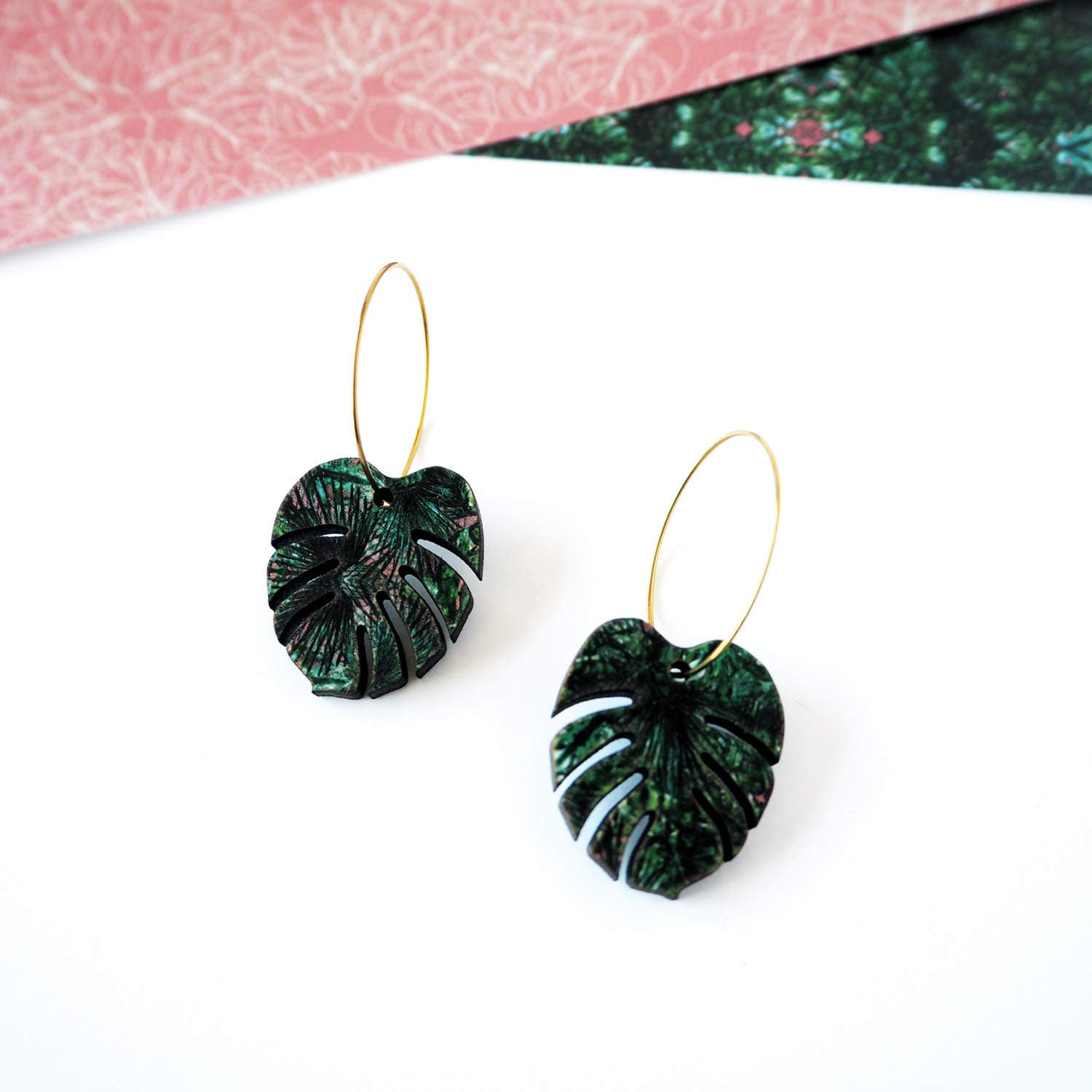 Green Plant Hoop Earrings - Tropical Leaf Jewellery Monstera Botanical
