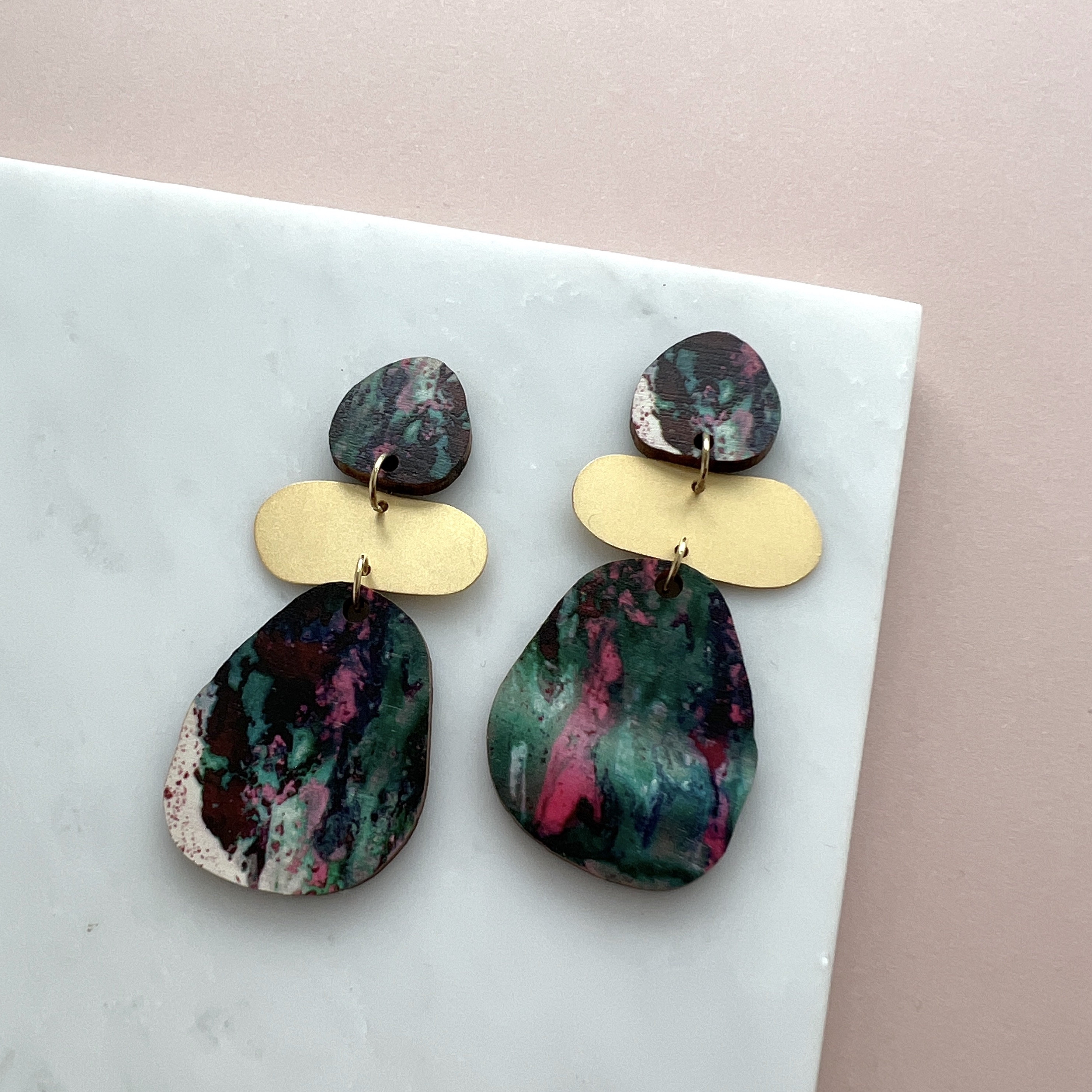 Triple Pebble Drop Studs - Pink & Gold