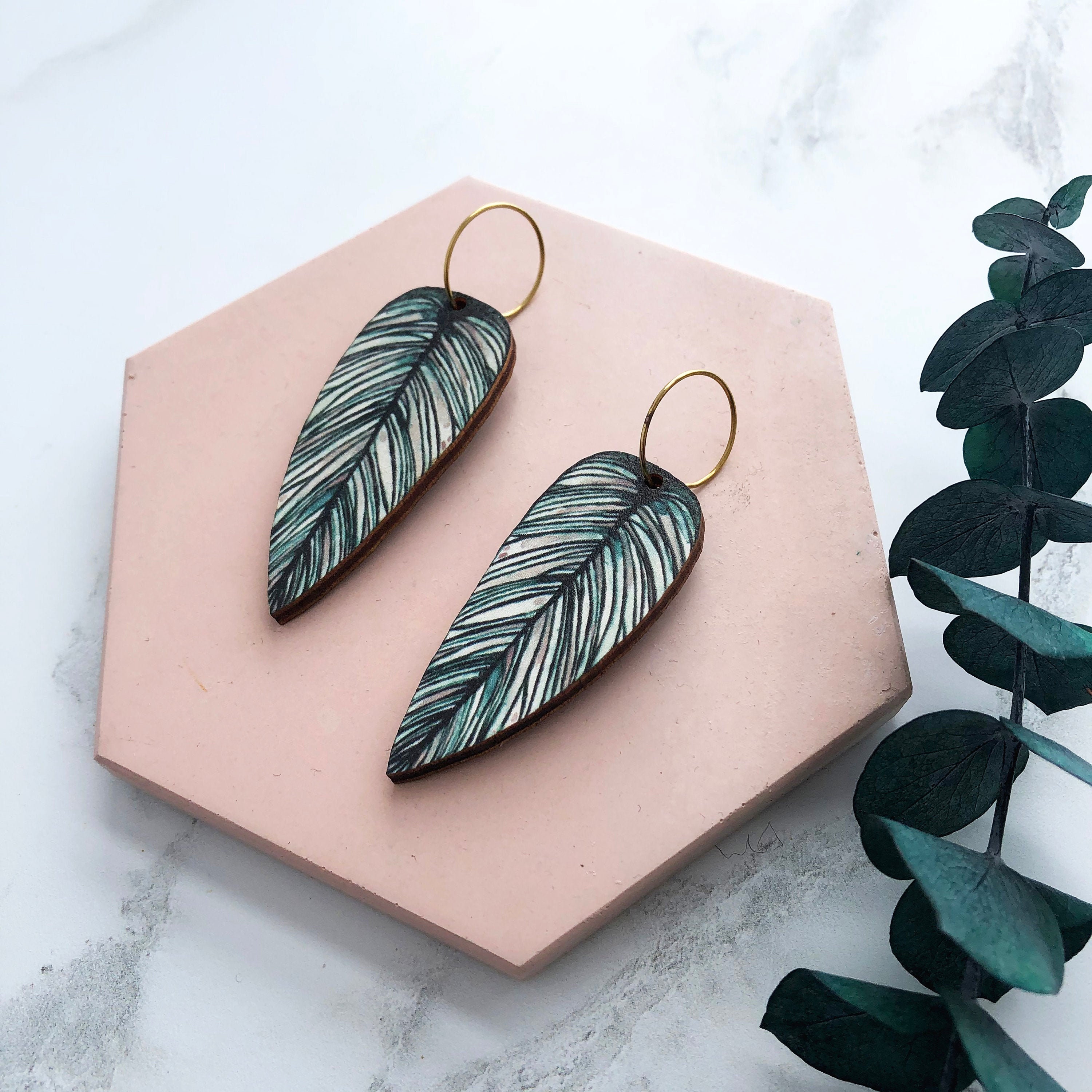 Tropical Hoop Leaf Earrings - Calathea Whitesar Plant Hoops