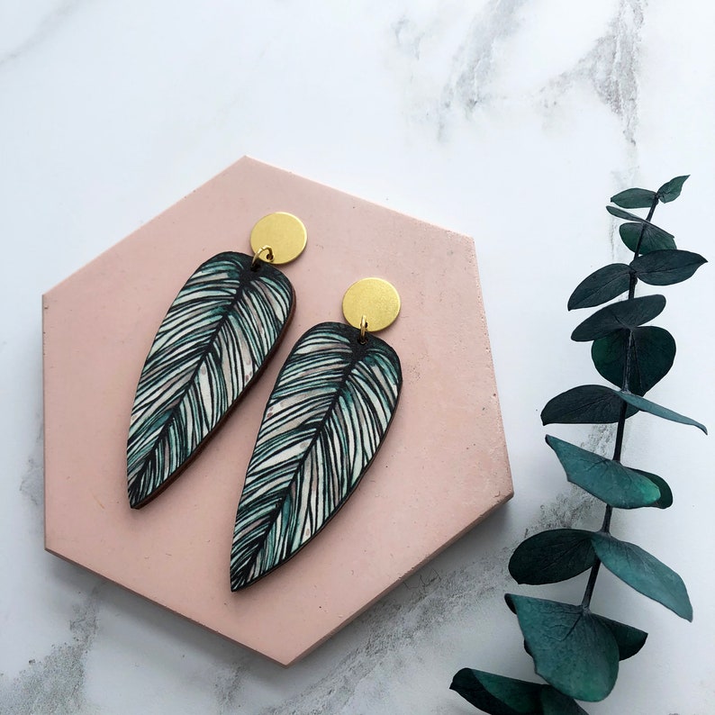 Tropical Statement Leaf Earrings Calathea Whitesar image 1