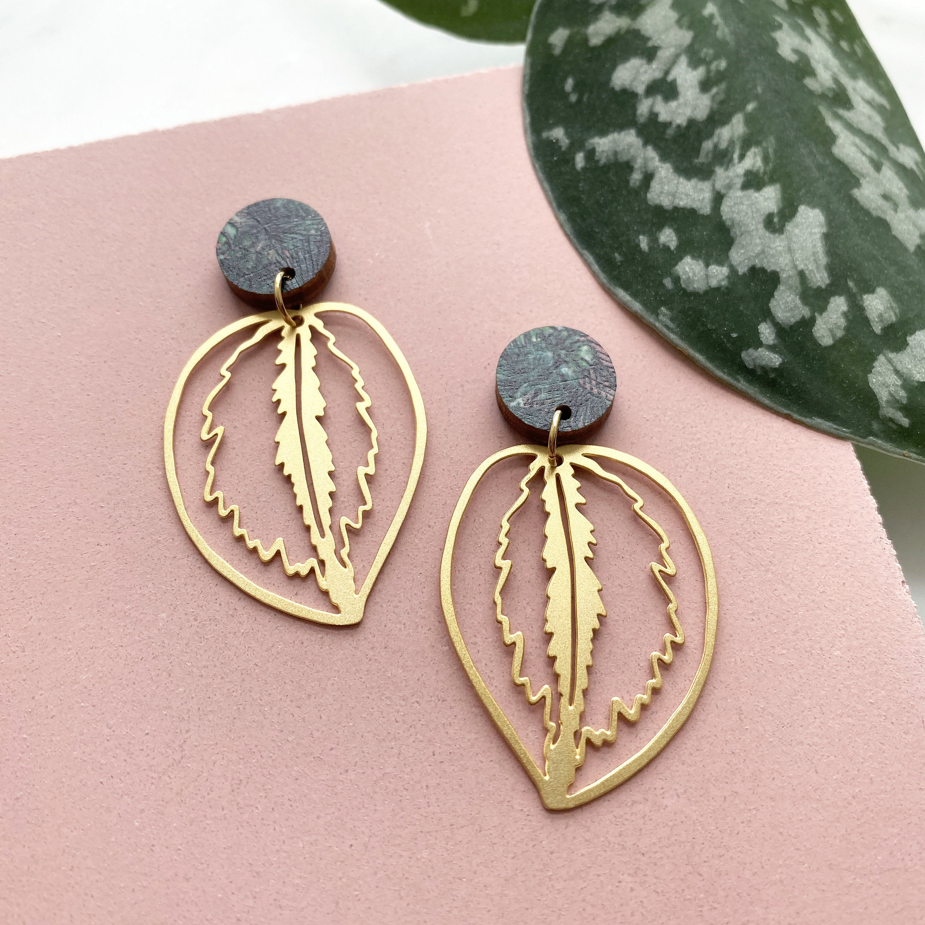 Calathea Leaf Statement Drop Earrings - House Plant Jewellery Gift For Lover Medallion