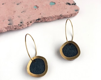 Circle Hoop Earrings - Disc Hoops - Petrol Blue Earrings - Gold Hoop Earrings - Gold Circle Earrings - Minimal Hoops - Gold Earrings