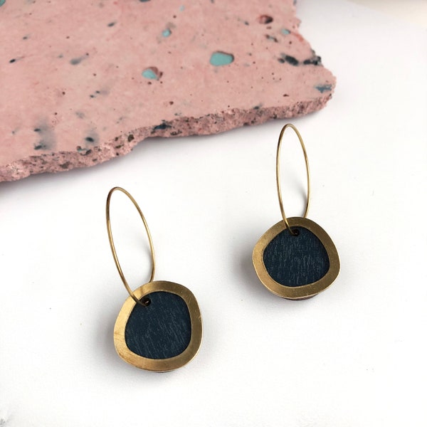 Circle Hoop Earrings - Disc Hoops - Petrol Blue Earrings - Gold Hoop Earrings - Gold Circle Earrings - Minimal Hoops - Gold Earrings