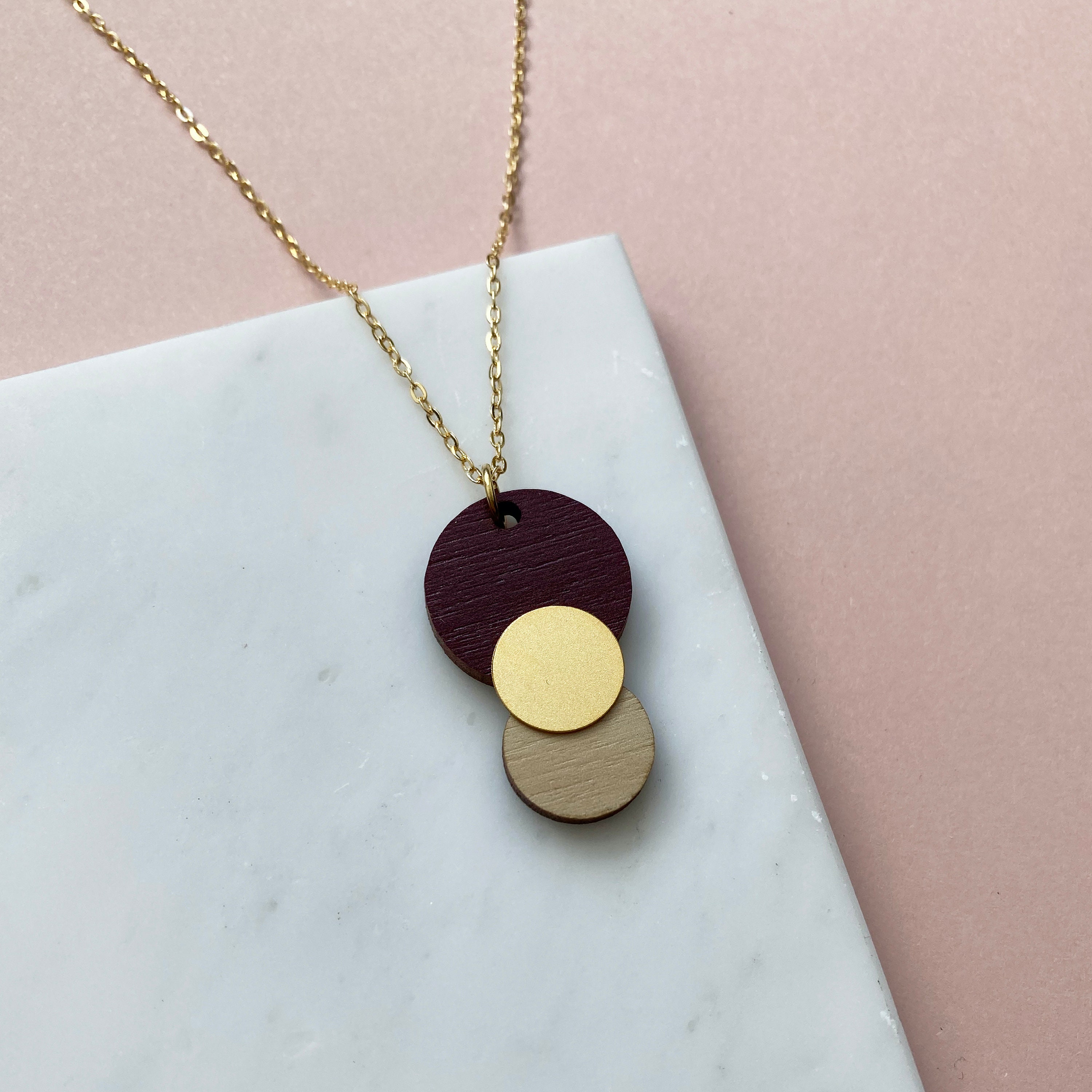 Purple & Cream Circle Pendant - Gold Geometric Necklace Minimalist Gift For Her