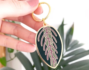Gold Enamel Maranta Leaf Keychain - Tropical Plant Keyring