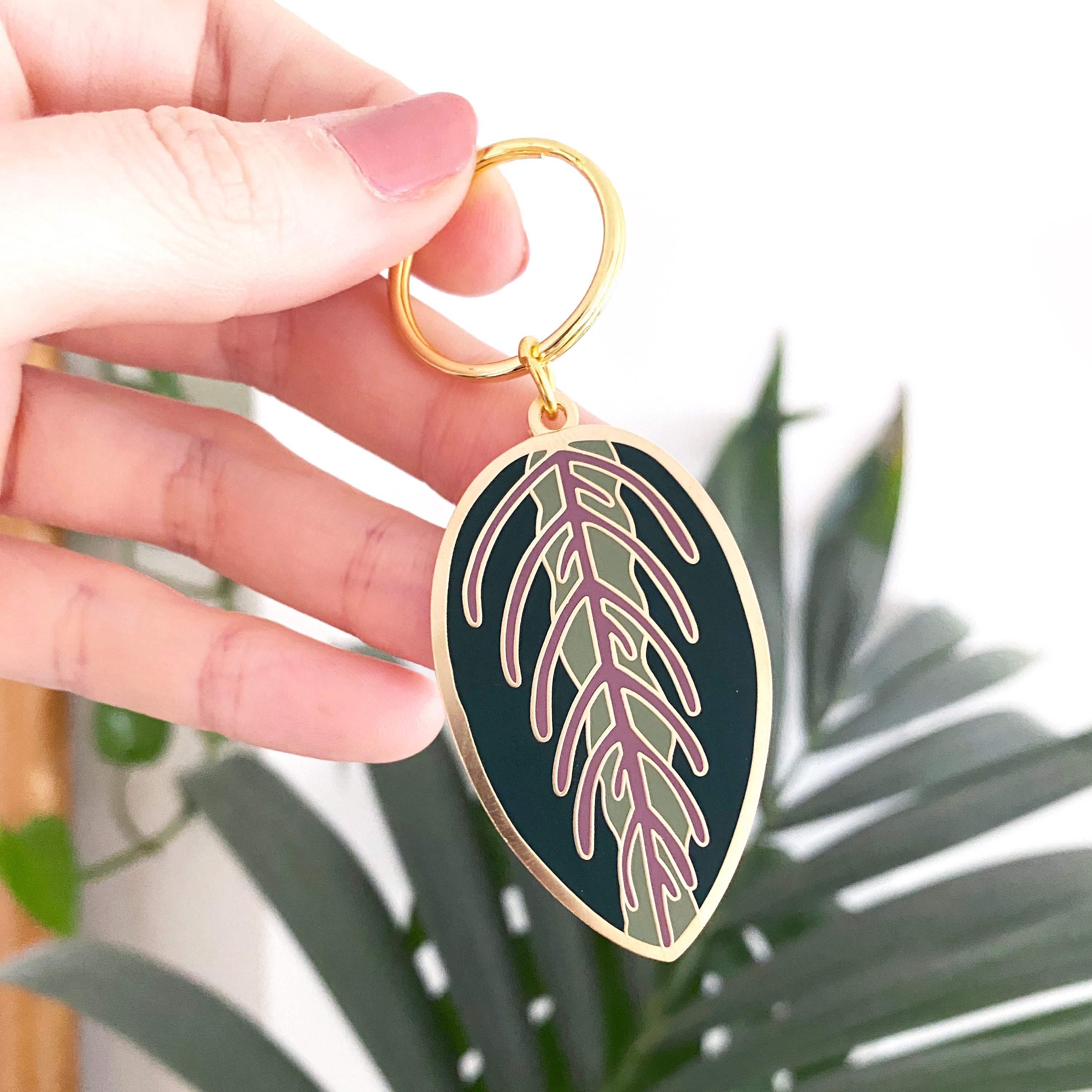 Maranta Leaf Keychain - Plant Keyring Enamel Tropical Gift Gold Accessory