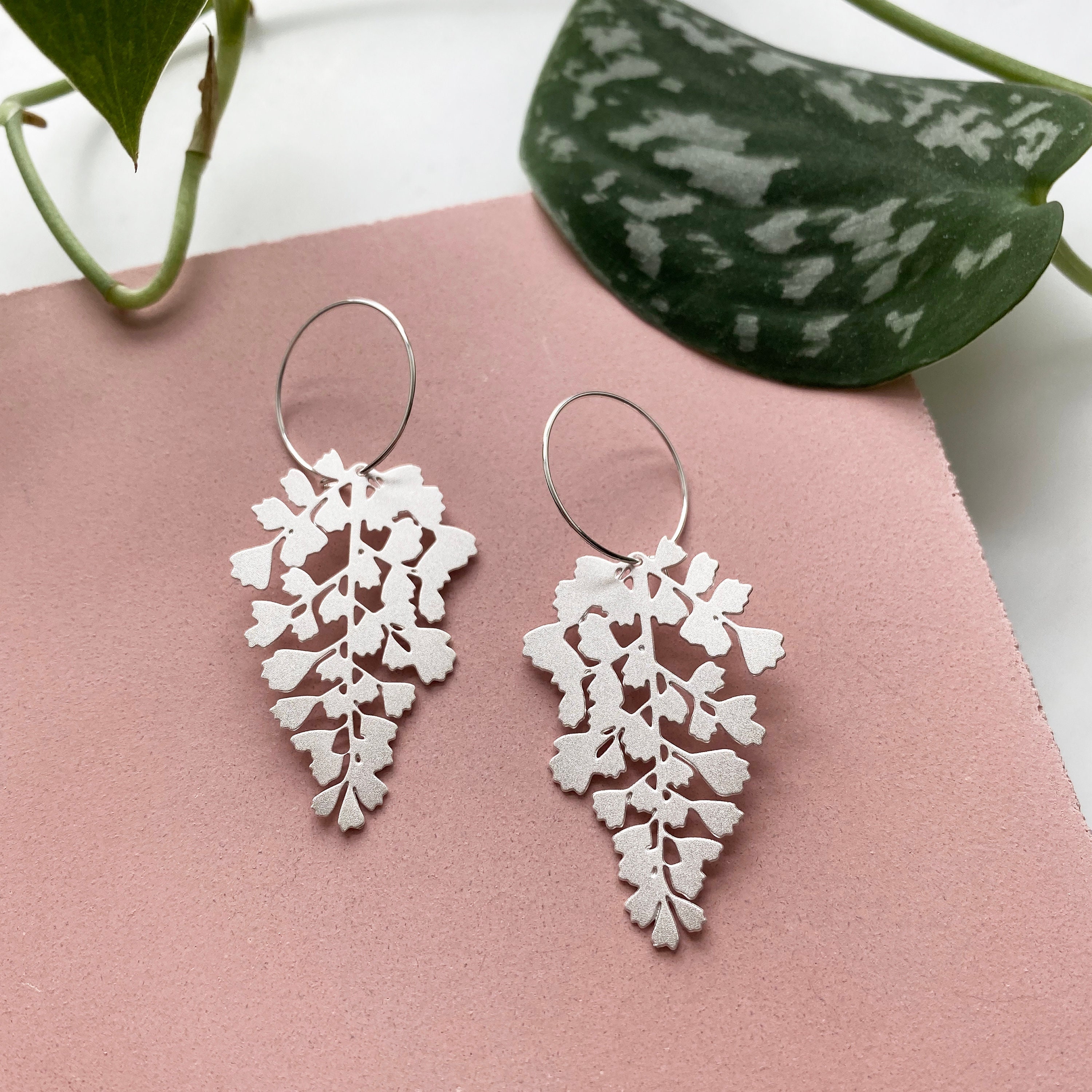Silver Maidenhair Fern Hoop Earrings - Leaf Jewellery Plant