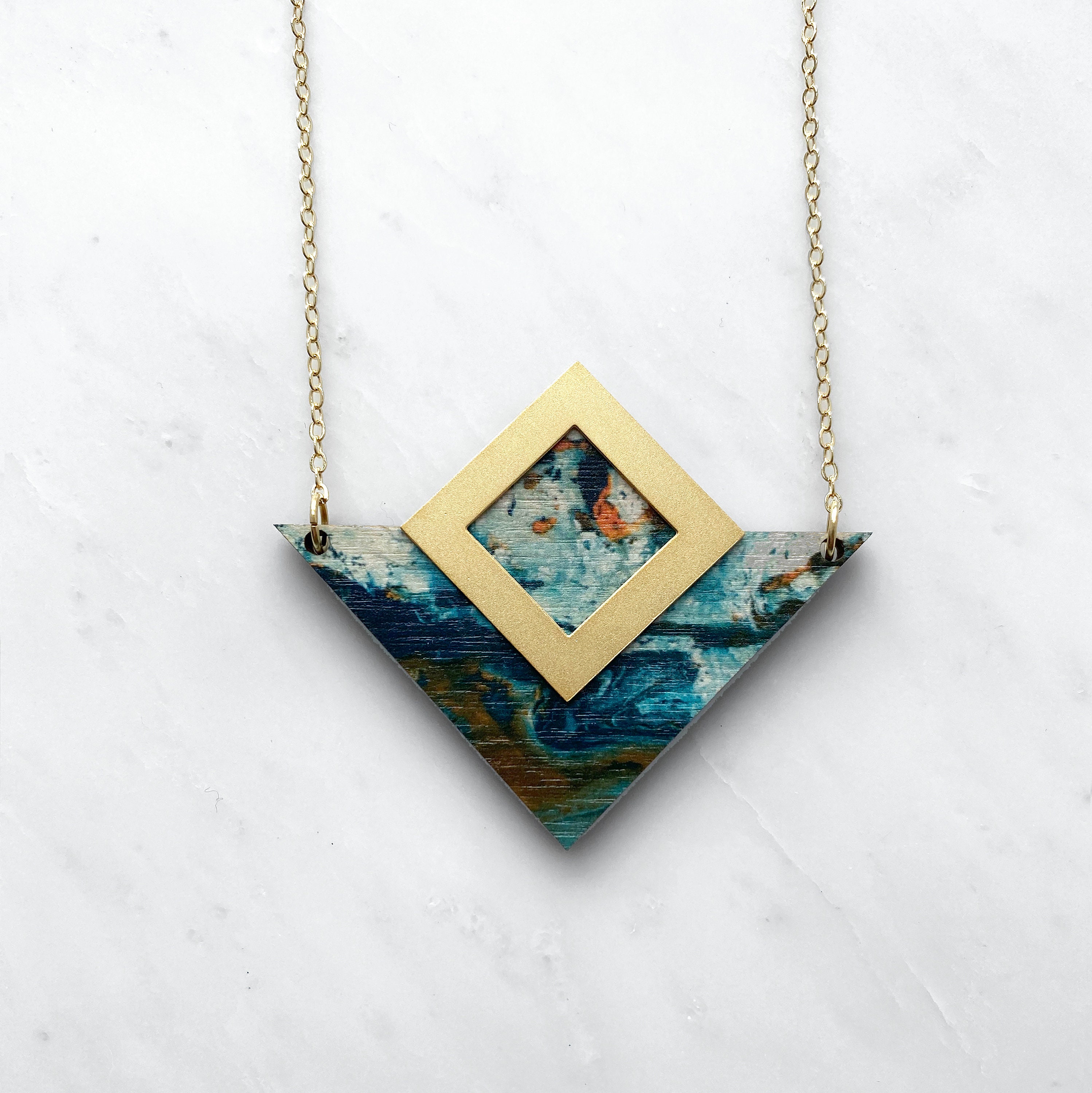 statement Triangle Necklace - Modern Geometric Pendant Gift For Her Teal & Orange