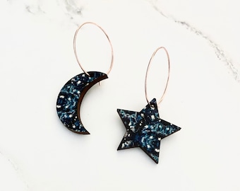 Moon & Star Hoop Earrings - Celestial Gifts - Mix and Match Earrings - Celestial Earrings - Rose Gold, Silver and Gold Hoop Earrings