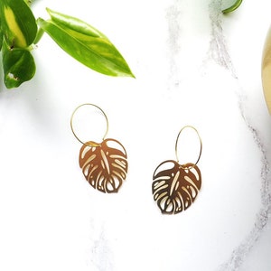Gold Monstera Hoop Earrings - Minimal Gold Earrings - Tropical Hoops -Leaf Earrings - Cheese Plant Earrings