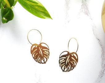 Gold Monstera Hoop Earrings - Minimal Gold Earrings - Tropical Hoops -Leaf Earrings - Cheese Plant Earrings