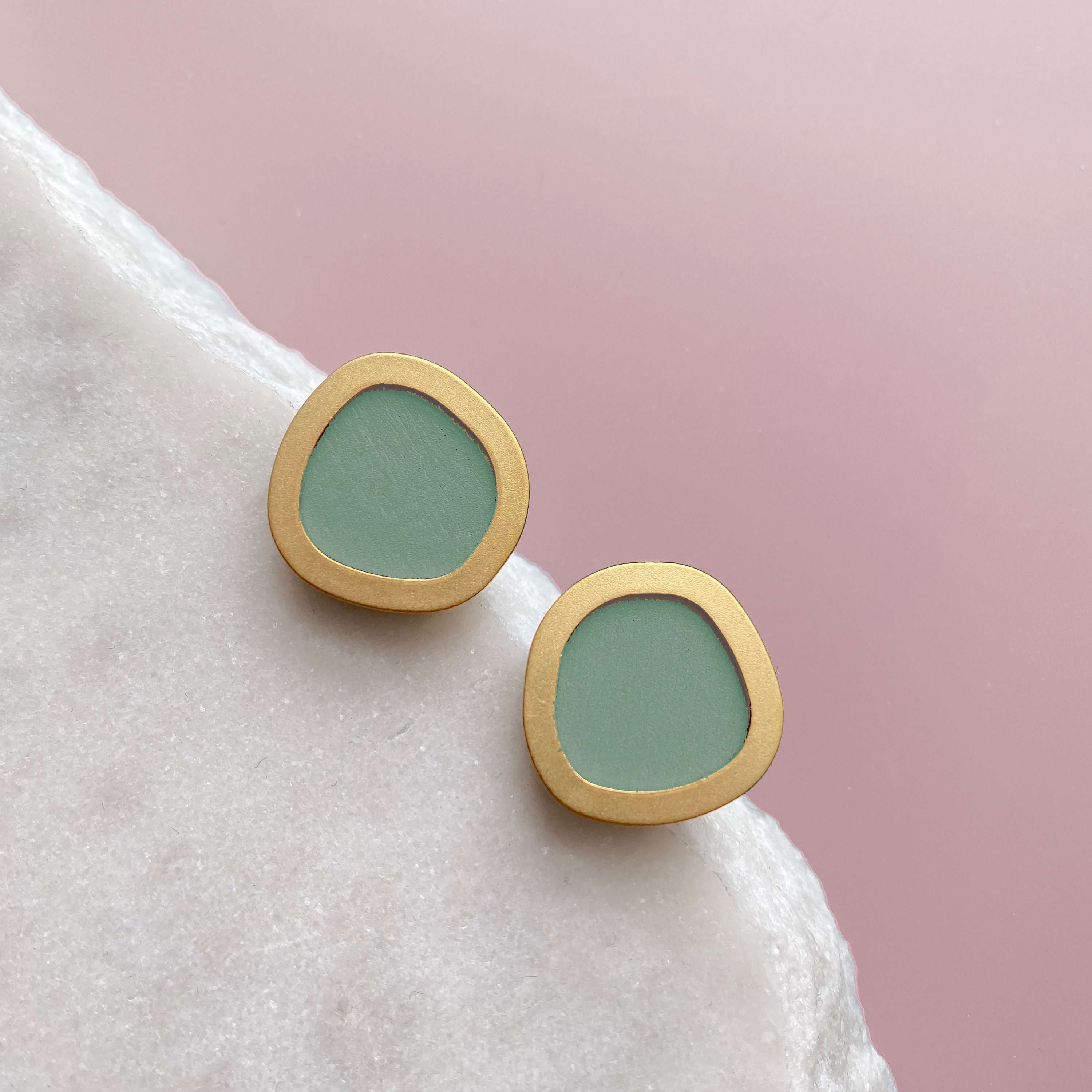 Mint & Gold Geometric Circle Stud Earrings - Simple Round Minimal