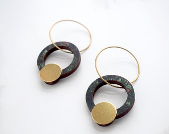 Green & Gold Ring Hoop Earrings - Geometric Hoop Earrings - Circle Hoop Earrings - Gift For Her