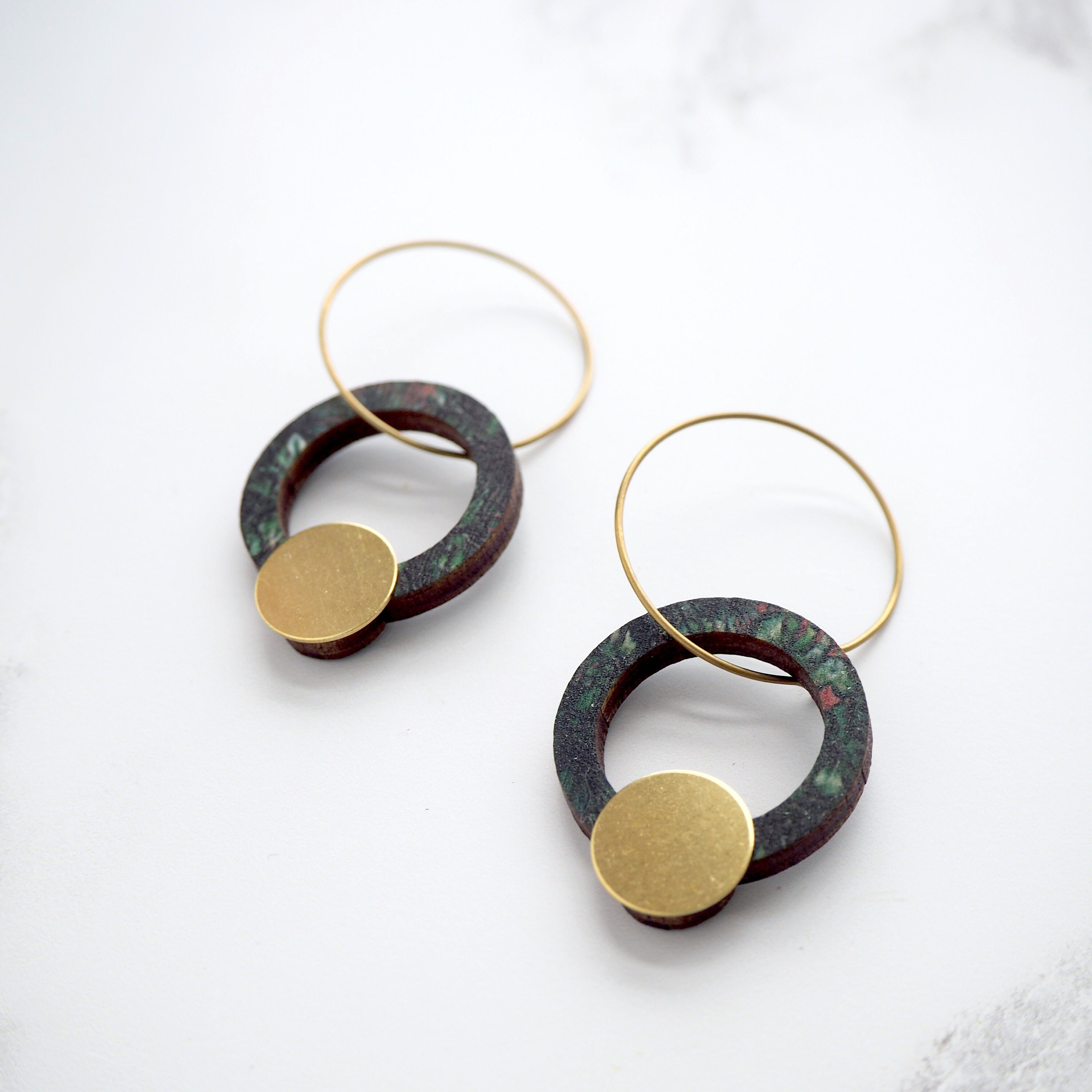 Green & Gold Ring Hoop Earrings - Geometric Circle Gift For Her