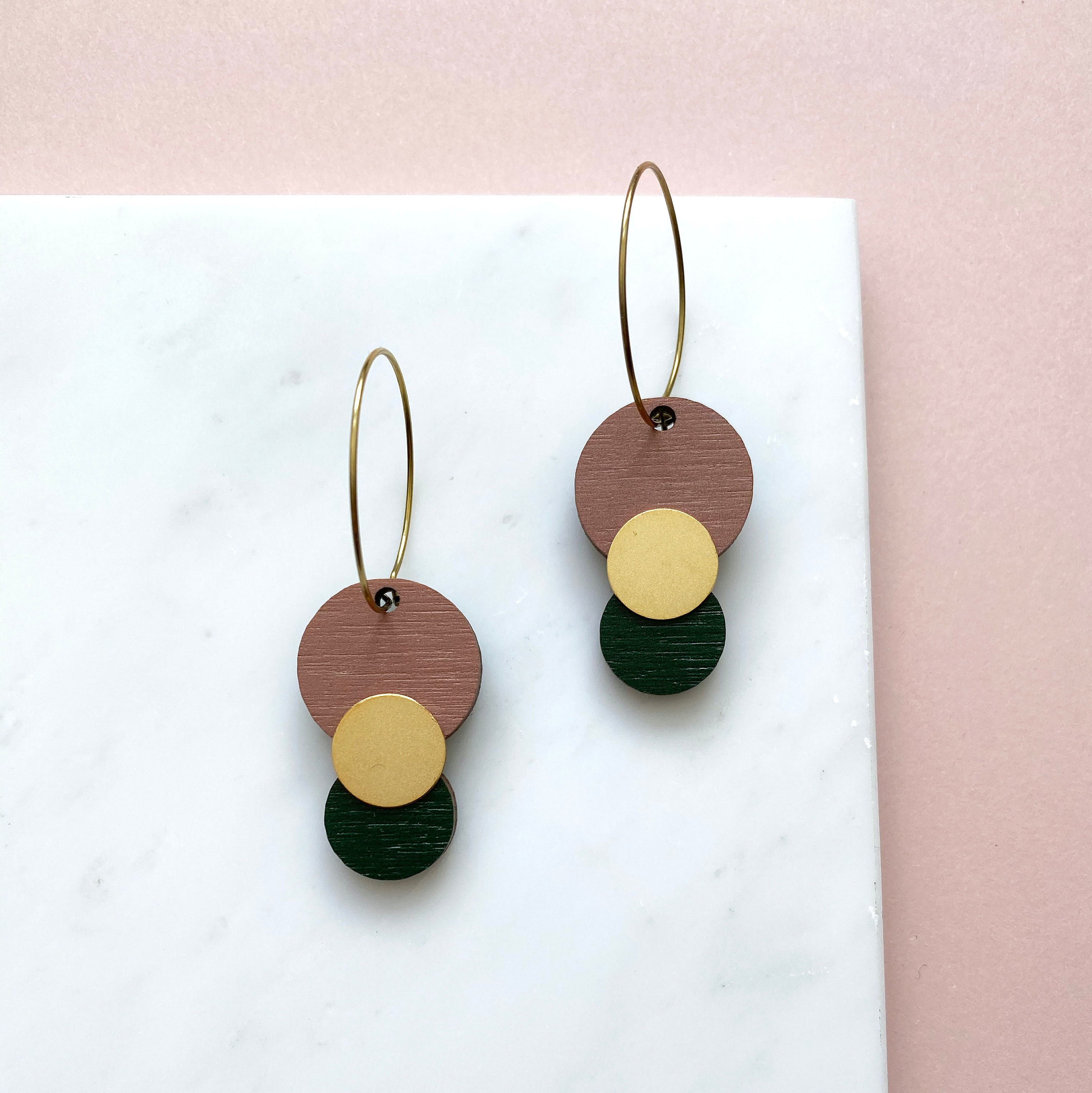 Pink & Green Circle Hoop Earrings - Gold Geometric Gift For Her Minimal