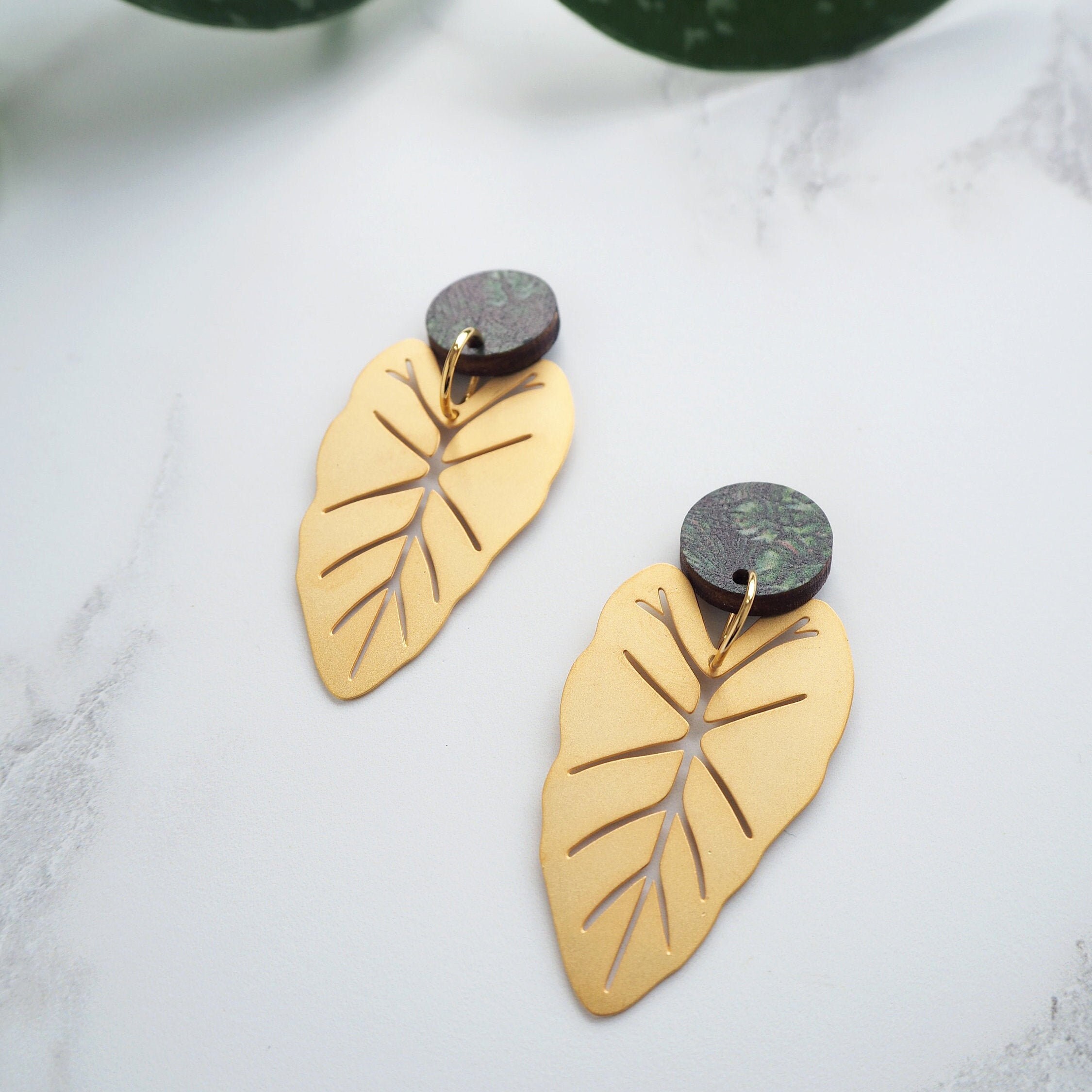 Statement Gold Alocasia Earrings - Drop Stud Leaf Gift For Her