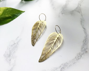 Gold Leaf Hoop Earrings - Delicate Leaf Earrings - Gold Dangle Earrings -  Gold Dangle & Drop Earrings  - Statement Plant Earrings