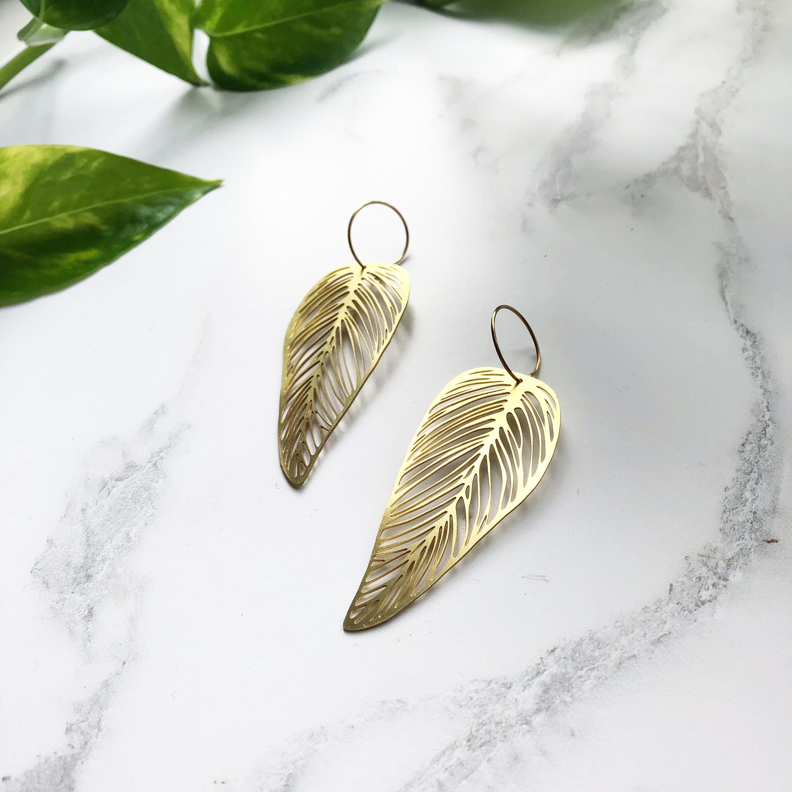 Gold Leaf Hoop Earrings - Delicate Dangle & Drop Statement Plant
